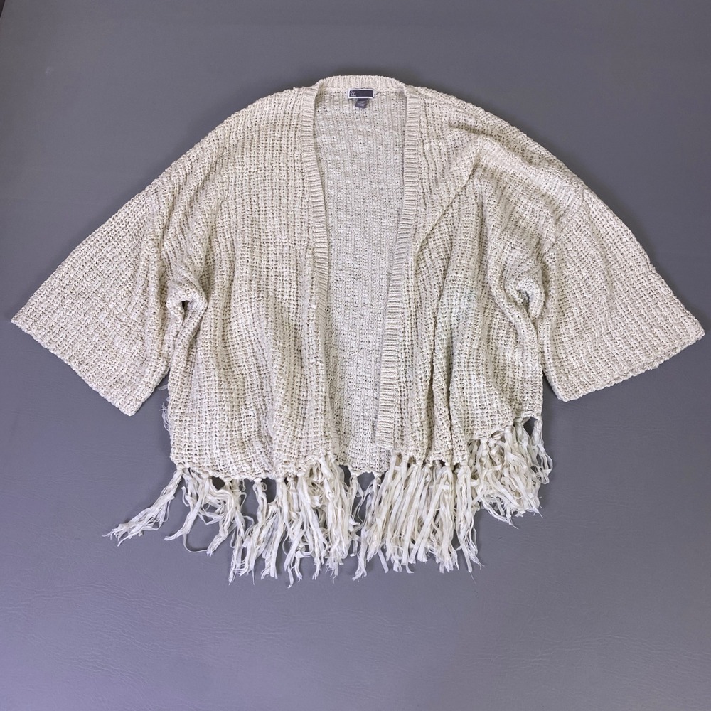 Chelsea28 Cardigan‎ Sweater Size M/L Cream Chunky Knit Fringe Hem Kimono *Flaw